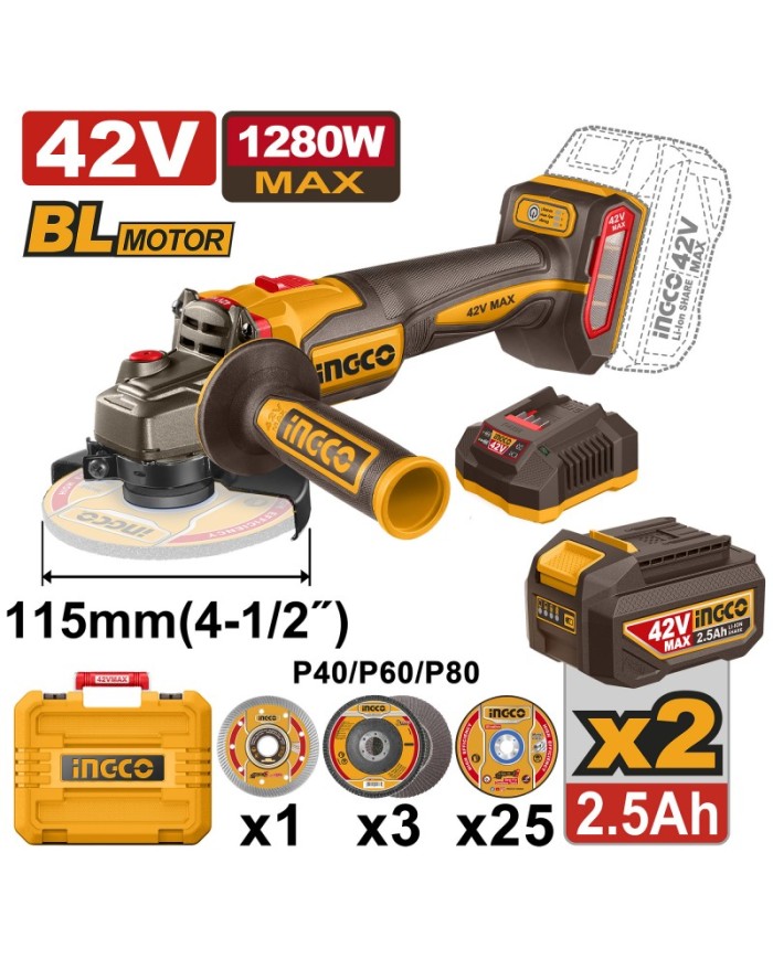 SMERIGLIATRICE 42V 1280W 115MM 2BAT+CARICABATTERIE