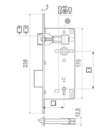 SERRATURA PATENT D90 OTTONATA MM.45 BORDO QUADRO